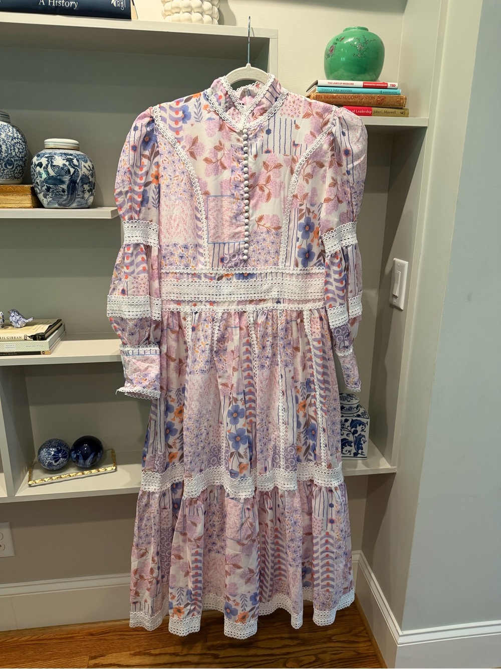 Dalia Lavender-Pink Floral Lace-Trim Midi Dress